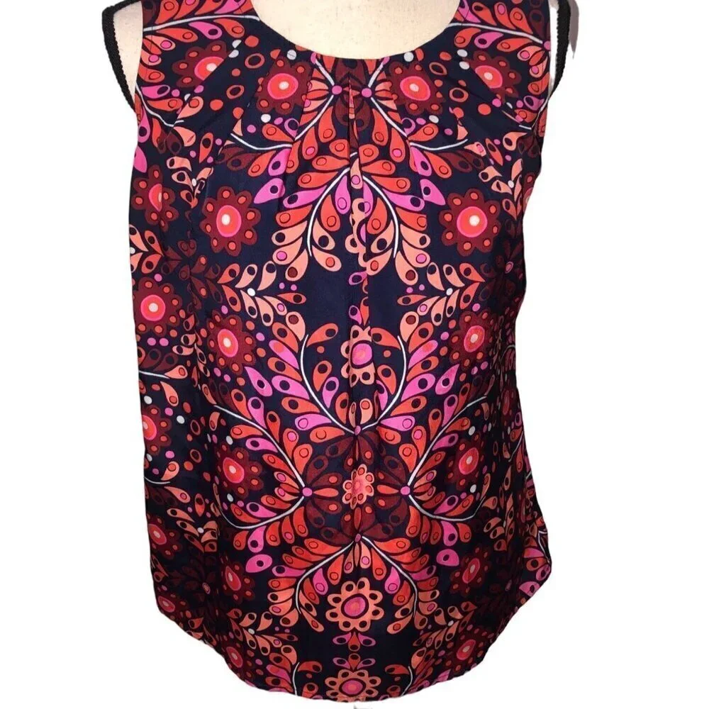 Sleeveless Top Size S Shell Red Blue Floral Paisley Print Shirt Lightweight - Picture 1 of 5